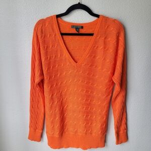 Lauren Ralph Lauren Cable Knit V Neck Sweater, Size Large, Color Orange
